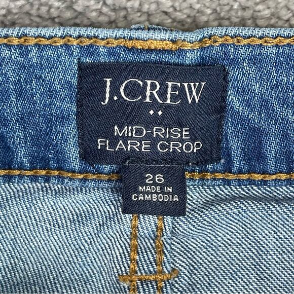 J. Crew Factory Jeans Women's 26 Blue Flare Crop Mid-Rise Dark Denim Distressed - Picture 5 of 11